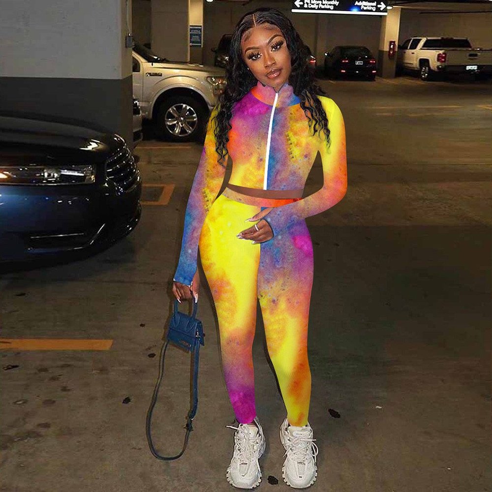 Tie Dye Long Sleeve Zipper Two Piece Pants